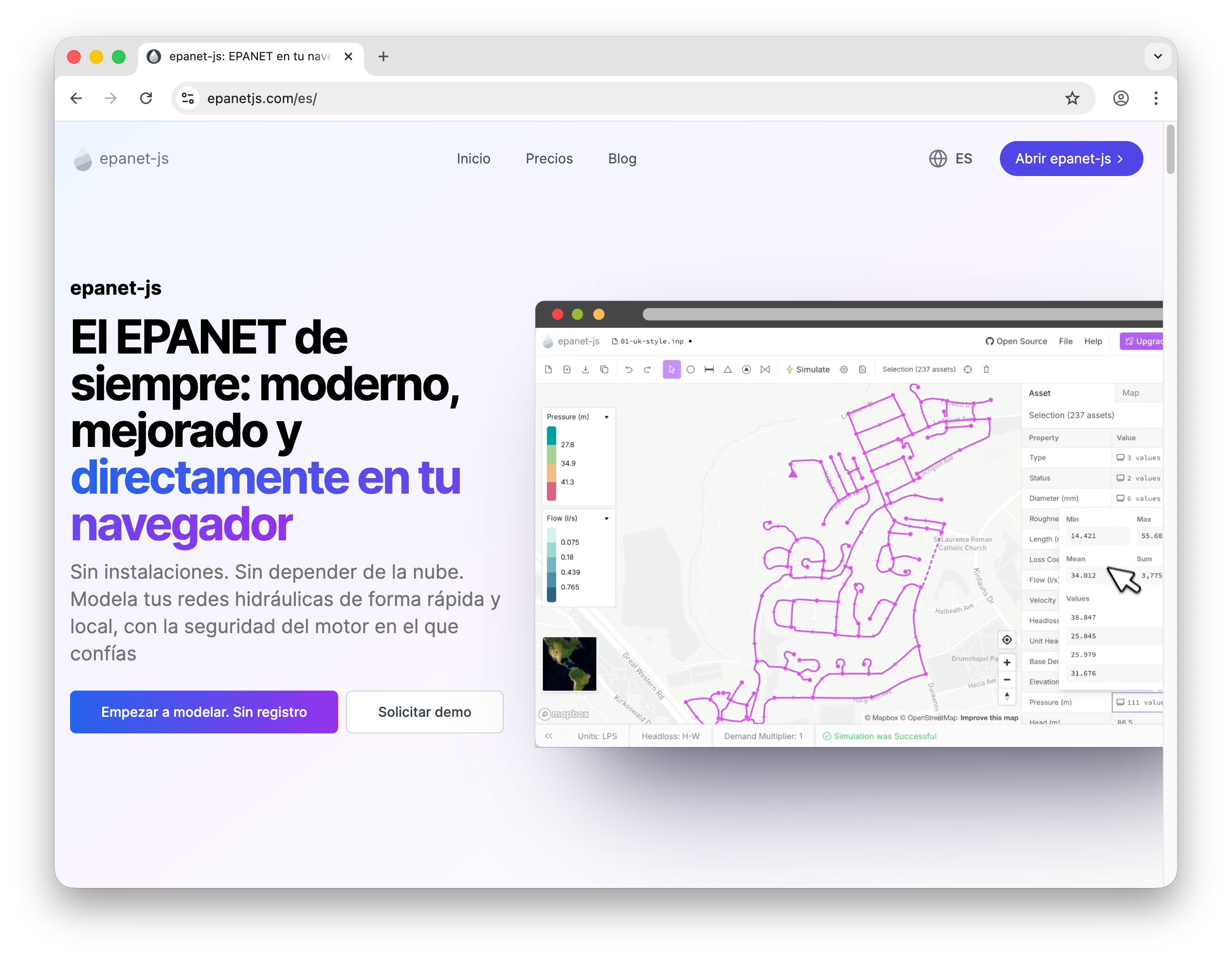 Screenshot of epanet-js website in Spanish
