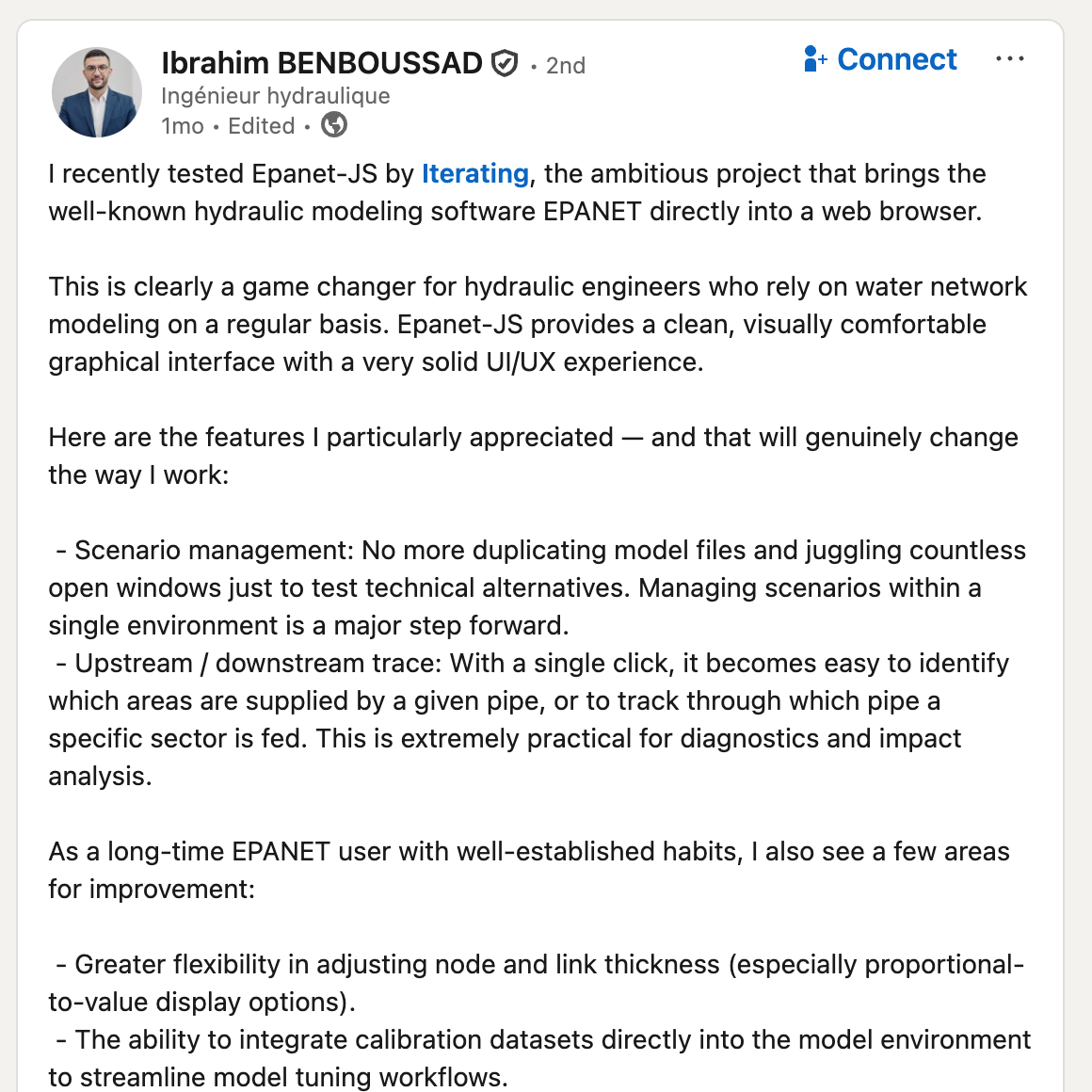Ibrahim BENBOUSSAD's LinkedIn post about testing epanet-js