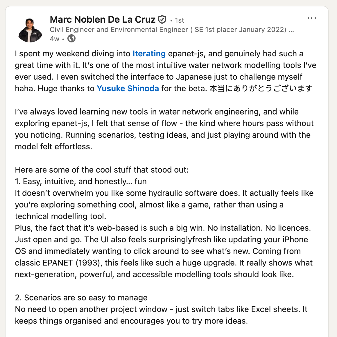 Marc Noblen De La Cruz's LinkedIn post about epanet-js