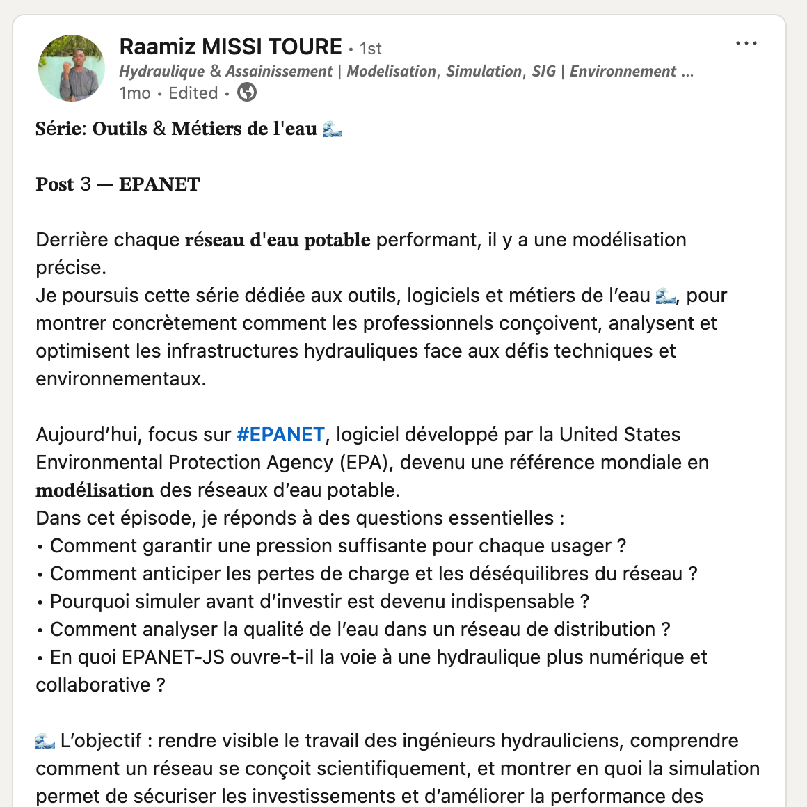 Raamiz MISSI TOURE's LinkedIn post about EPANET
