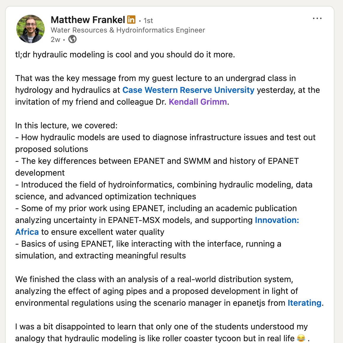 Matthew Frankel's LinkedIn post about guest lecturing with epanet-js