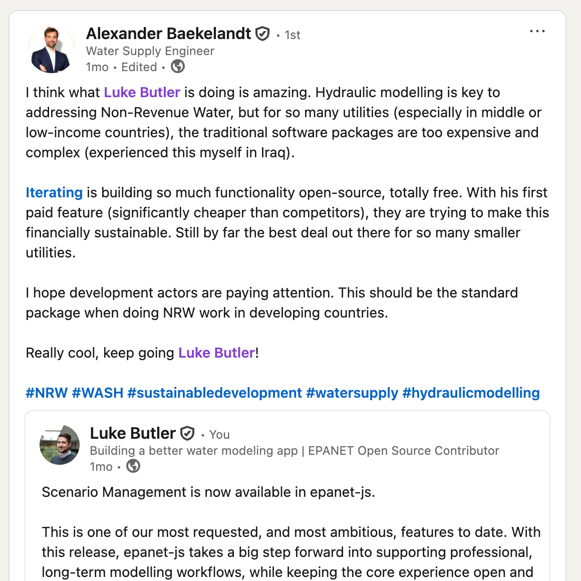 Alexander Baekelandt's LinkedIn post about epanet-js
