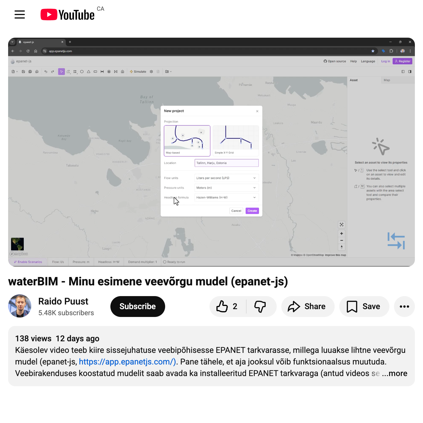 Estonian tutorial video introducing epanet-js to students