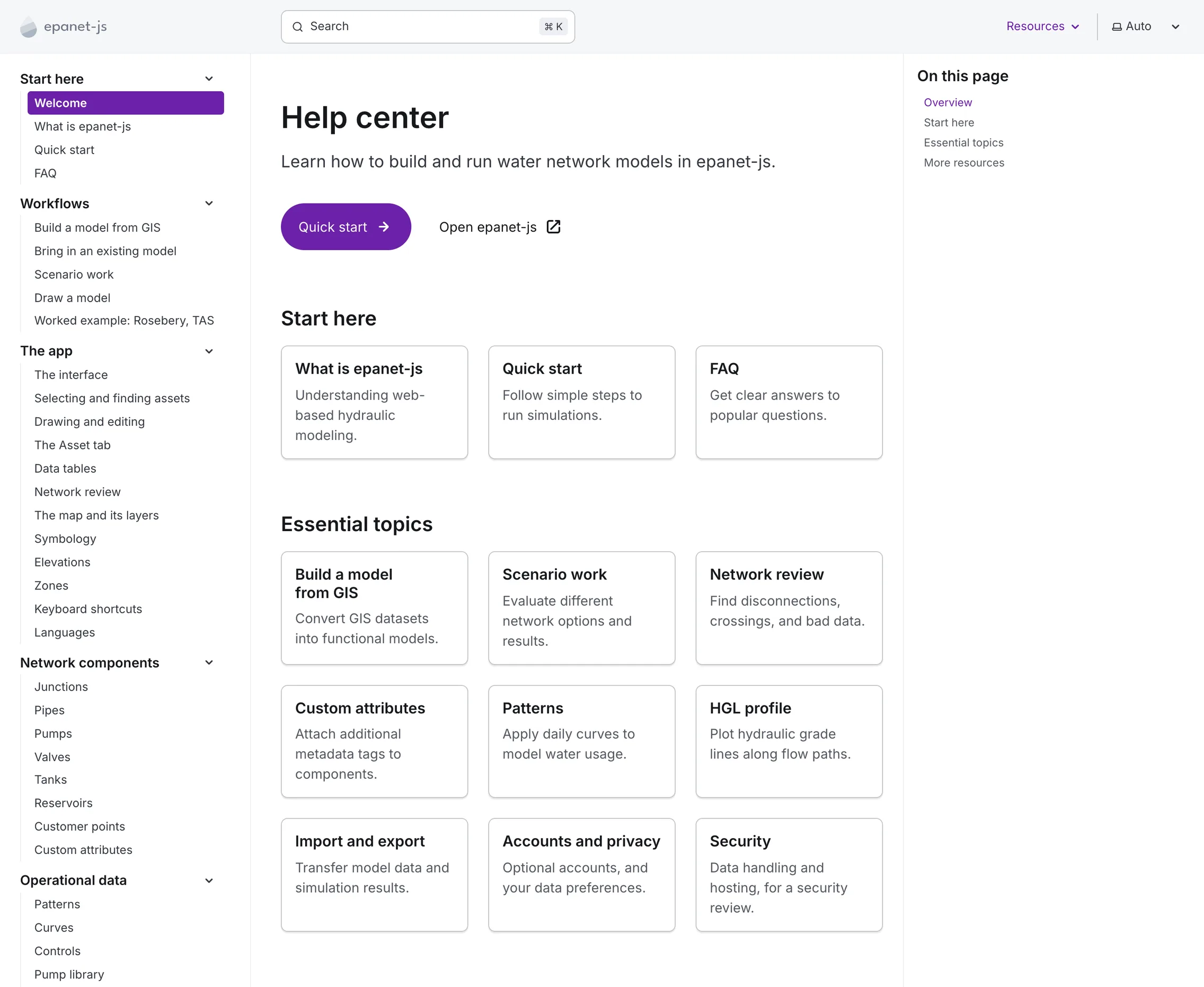 The rebuilt epanet-js help center, with its section navigation on the left and topic cards on the page.
