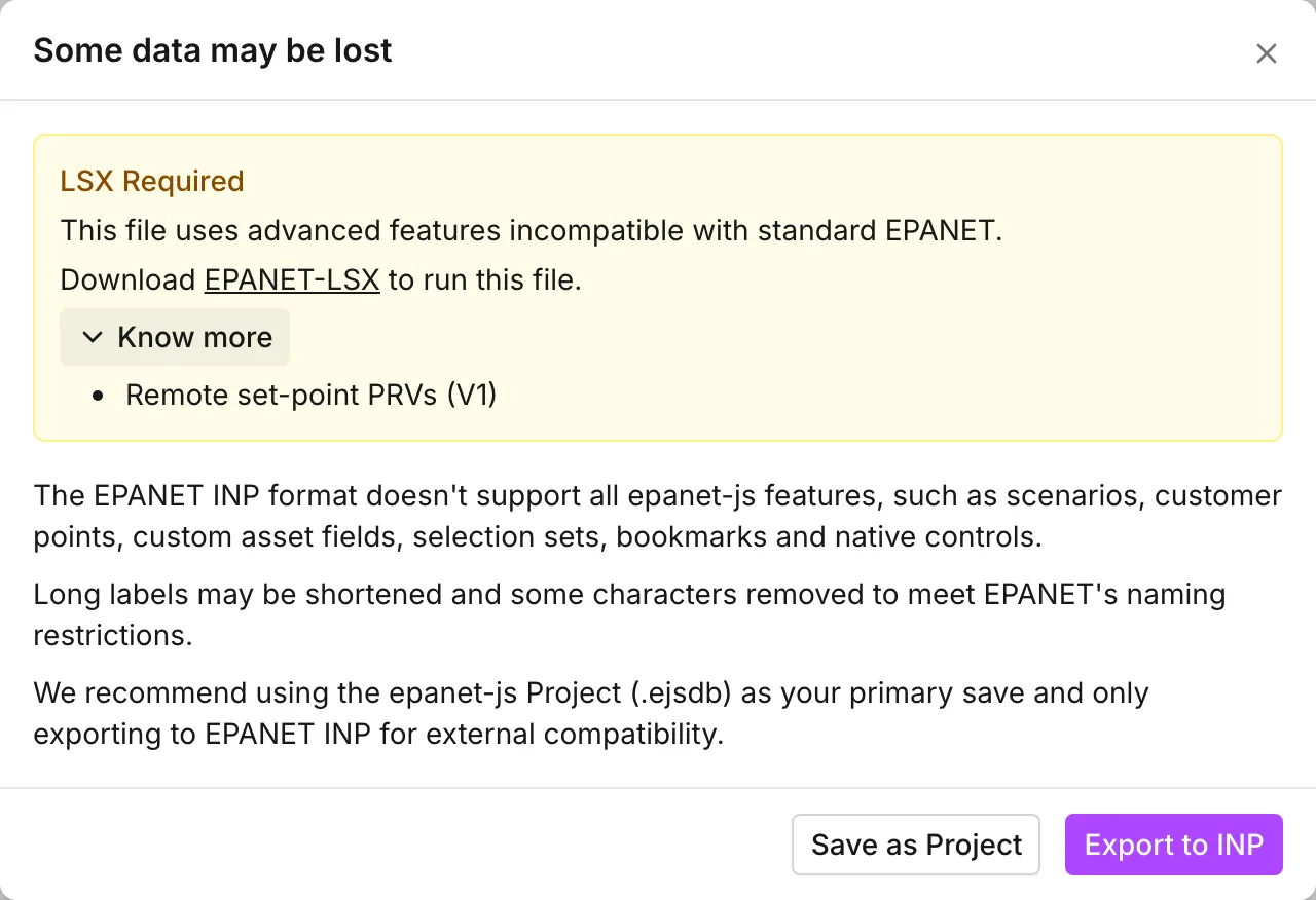 The INP export dialog with an LSX Required notice linking to EPANET-LSX and listing the remote set-point PRVs in the model.