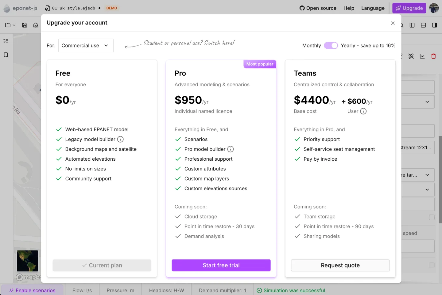 The Upgrade your account dialog in epanet-js, comparing the Free, Pro and Teams plans, with a Start free trial button under Pro.