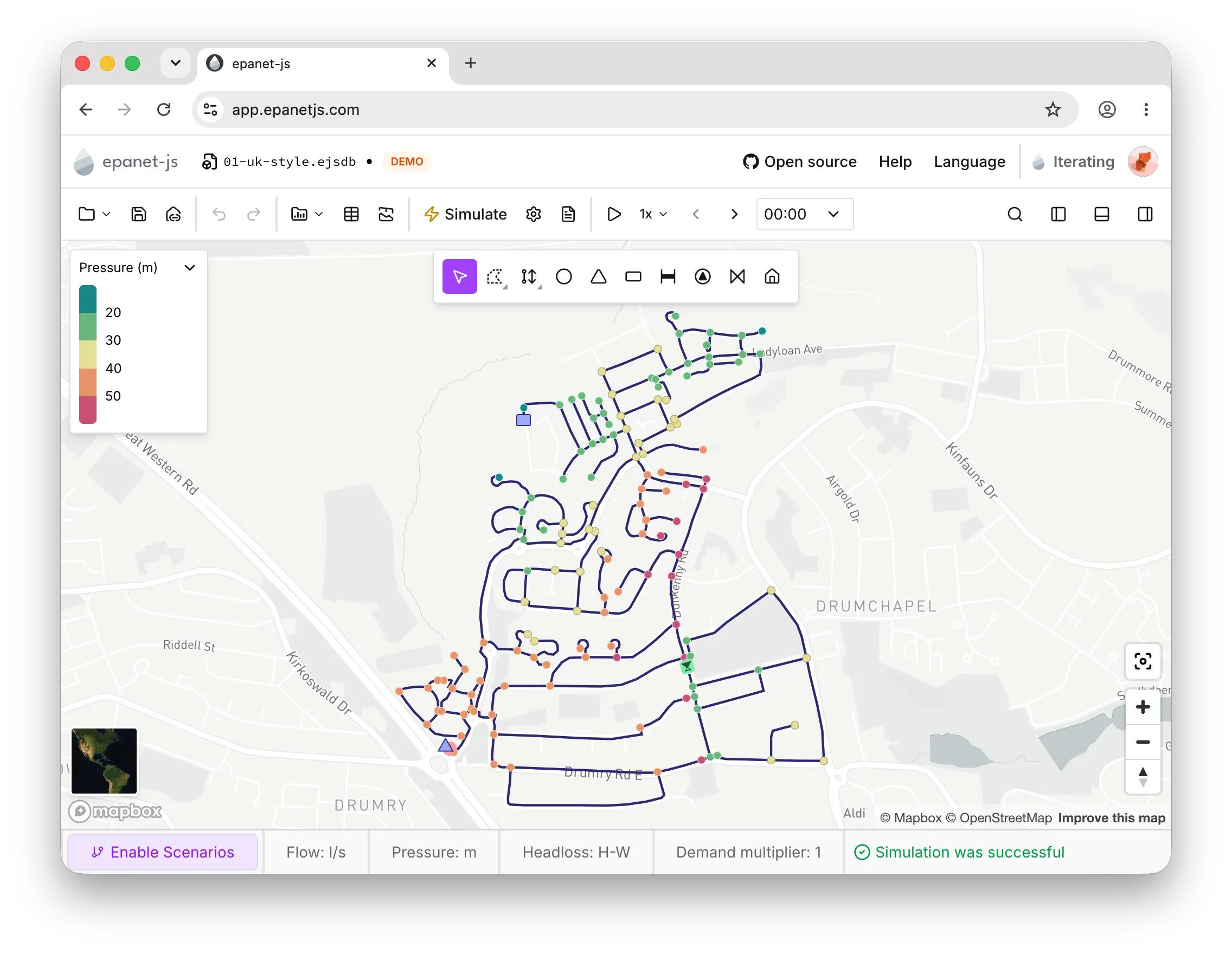 A real EPANET model open in epanet-js with simulation results across the network.