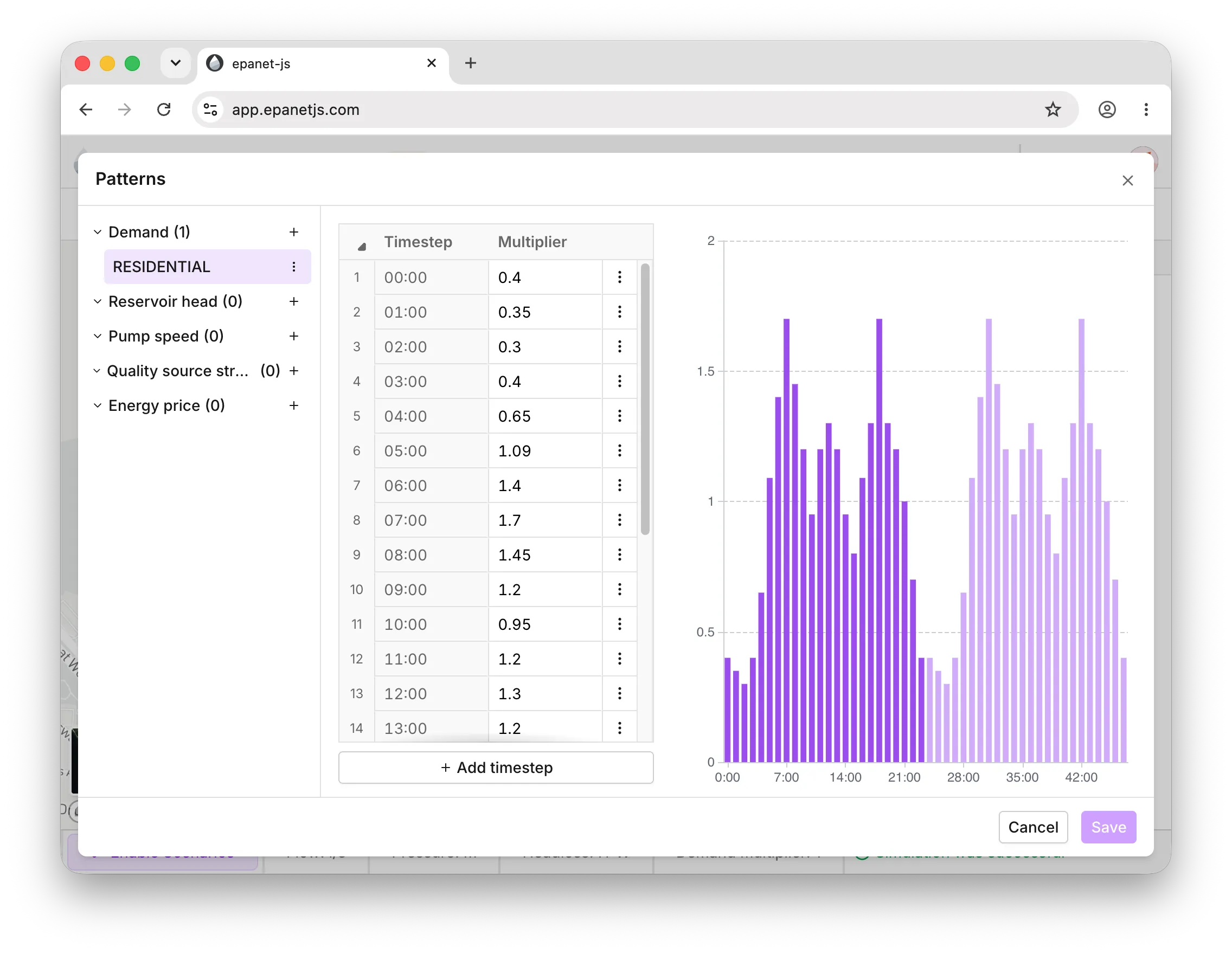 The demand patterns editor in epanet-js, with a daily profile plotted over 24 hours.