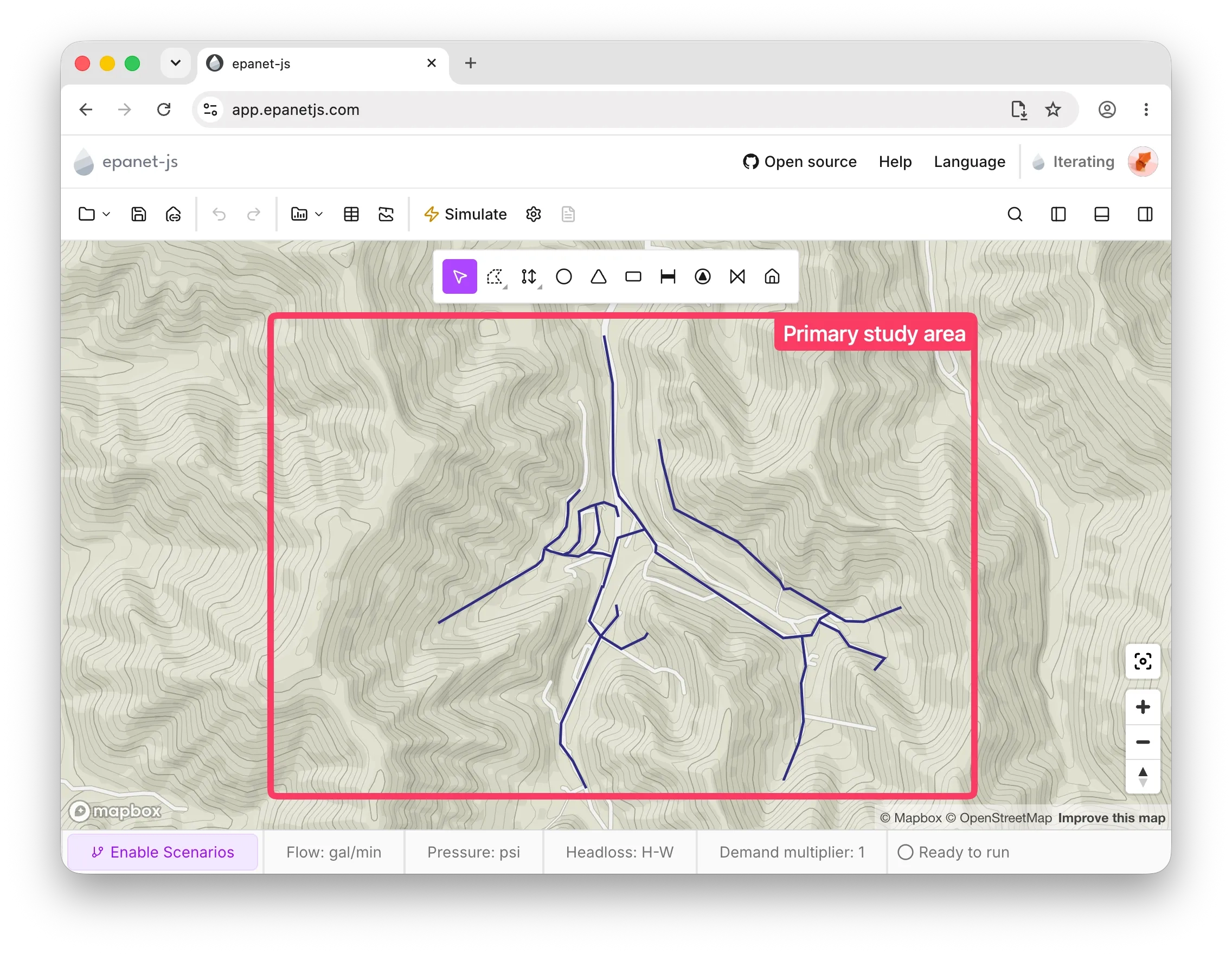 A rural gravity-fed water network modeled over terrain in epanet-js, with the study area marked out.